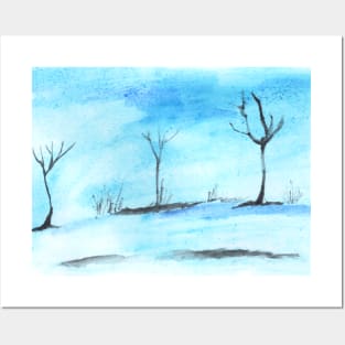 Watercolor landscape blue, nature. Art decoration, sketch. Illustration hand drawn modern Posters and Art